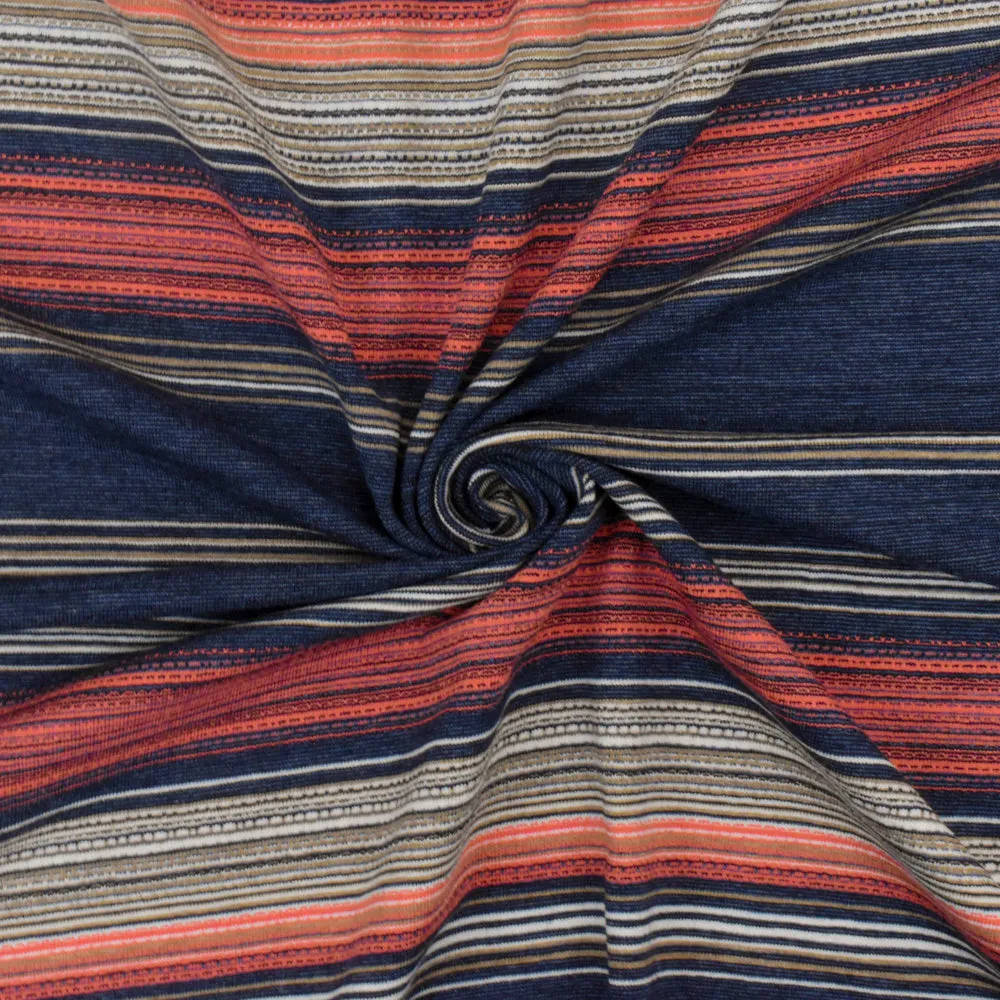 Navy-Coral-Multi Striped Viscose Stretch Jersey Knit Fabric