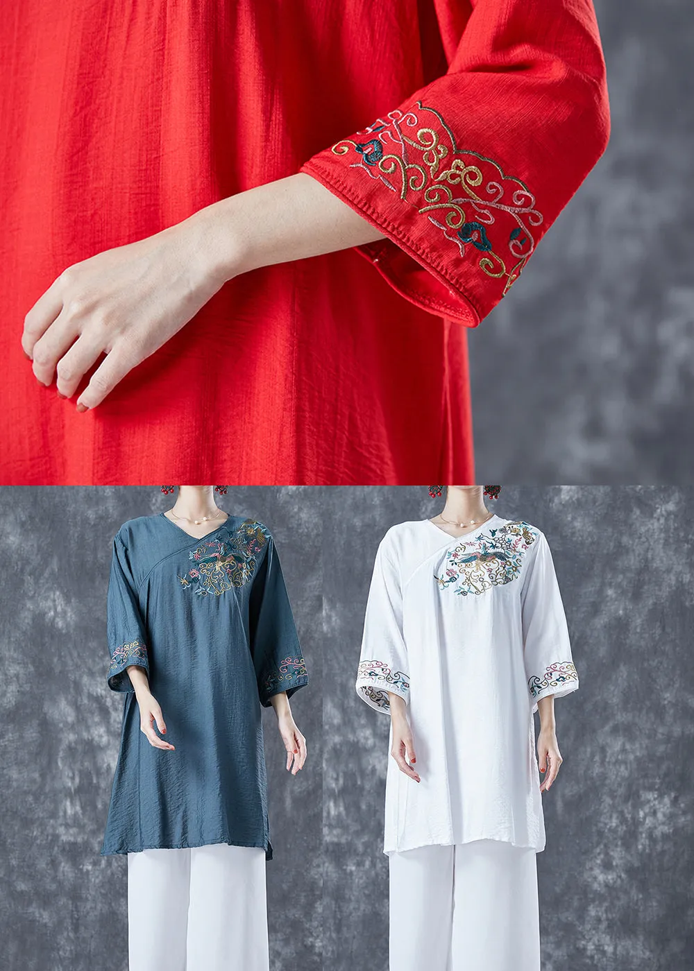 Navy Oversized Linen Mid Dress V Neck Embroideried Bracelet Sleeve LY5600