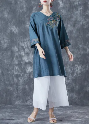 Navy Oversized Linen Mid Dress V Neck Embroideried Bracelet Sleeve LY5600