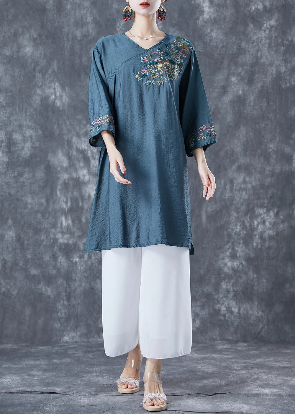 Navy Oversized Linen Mid Dress V Neck Embroideried Bracelet Sleeve LY5600
