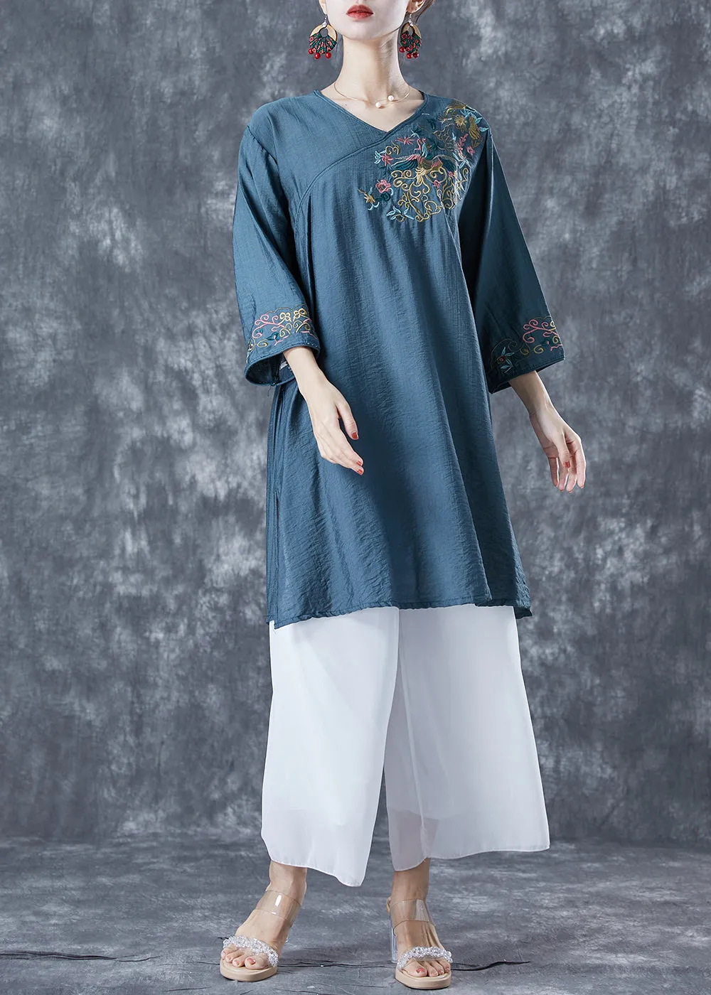 Navy Oversized Linen Mid Dress V Neck Embroideried Bracelet Sleeve LY5600