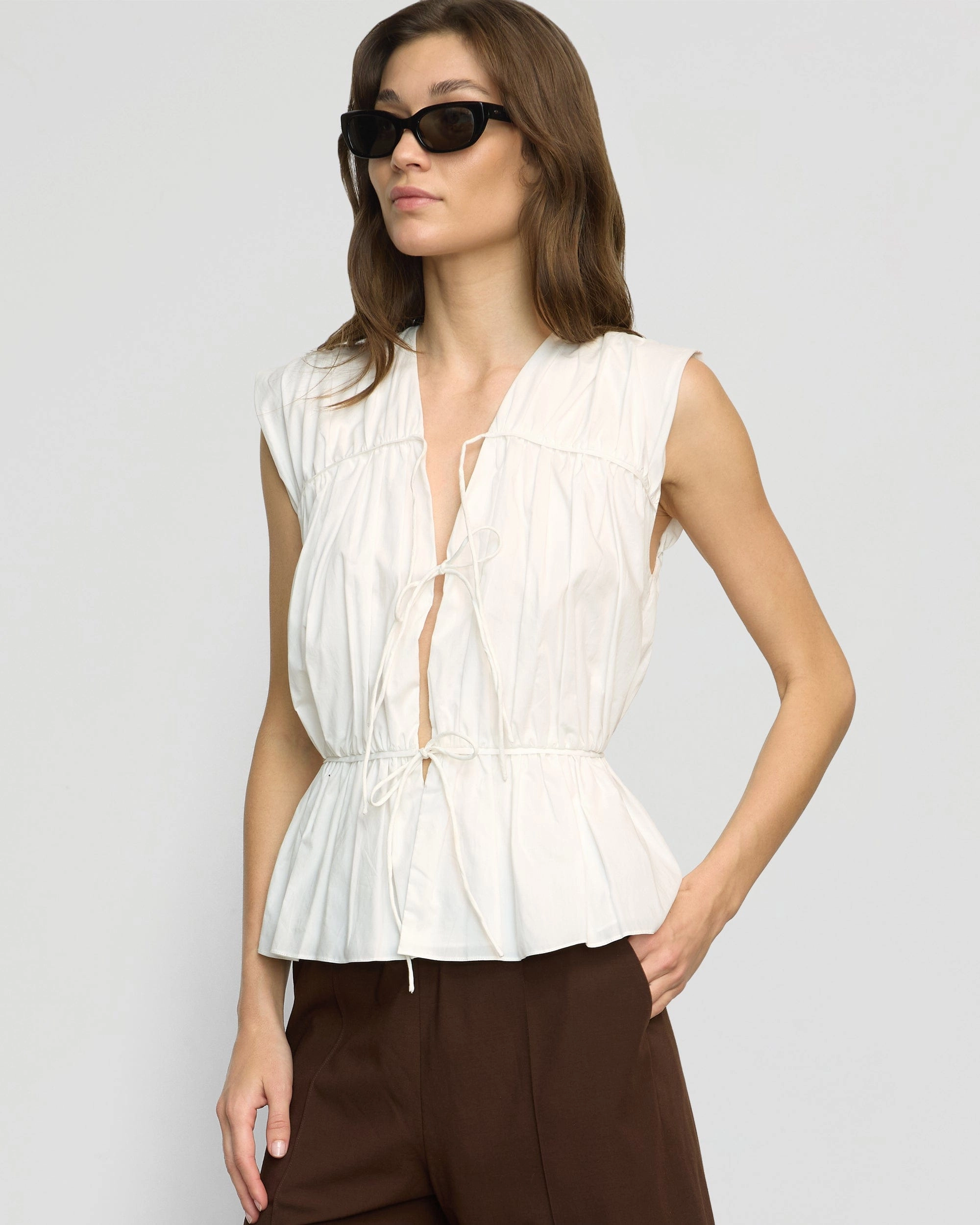 Neha Tie-Front Organic Cotton Blouse Tagless Collar