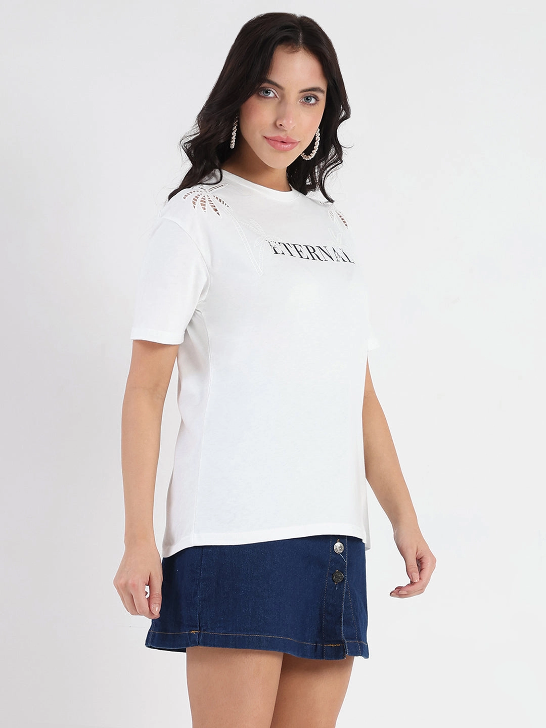 Madame Printed Embroidery Cutwork White Crop T-shirt Indoor clothing Casual Flex Design