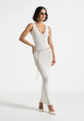 Home Casual Myriam - Pointelle Plunge Midaxi Dress With Chain - Cream