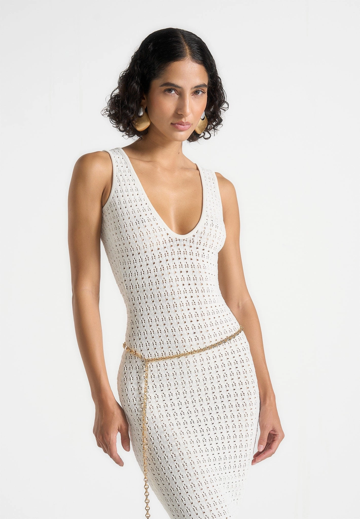 Chill Vibe Myriam - Pointelle Plunge Midaxi Dress With Chain - Cream