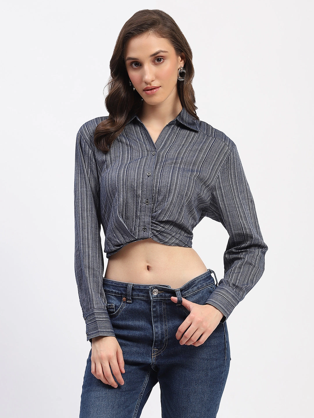 Classic Wardrobe Loose Comfort Madame Striped Overlap Detailing Collared Mauve Shirt