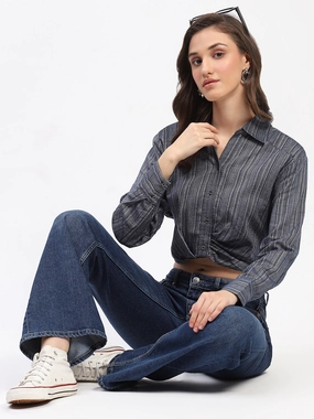 garden party Structured Shoulder Support Madame Striped Overlap Detailing Collared Mauve Shirt