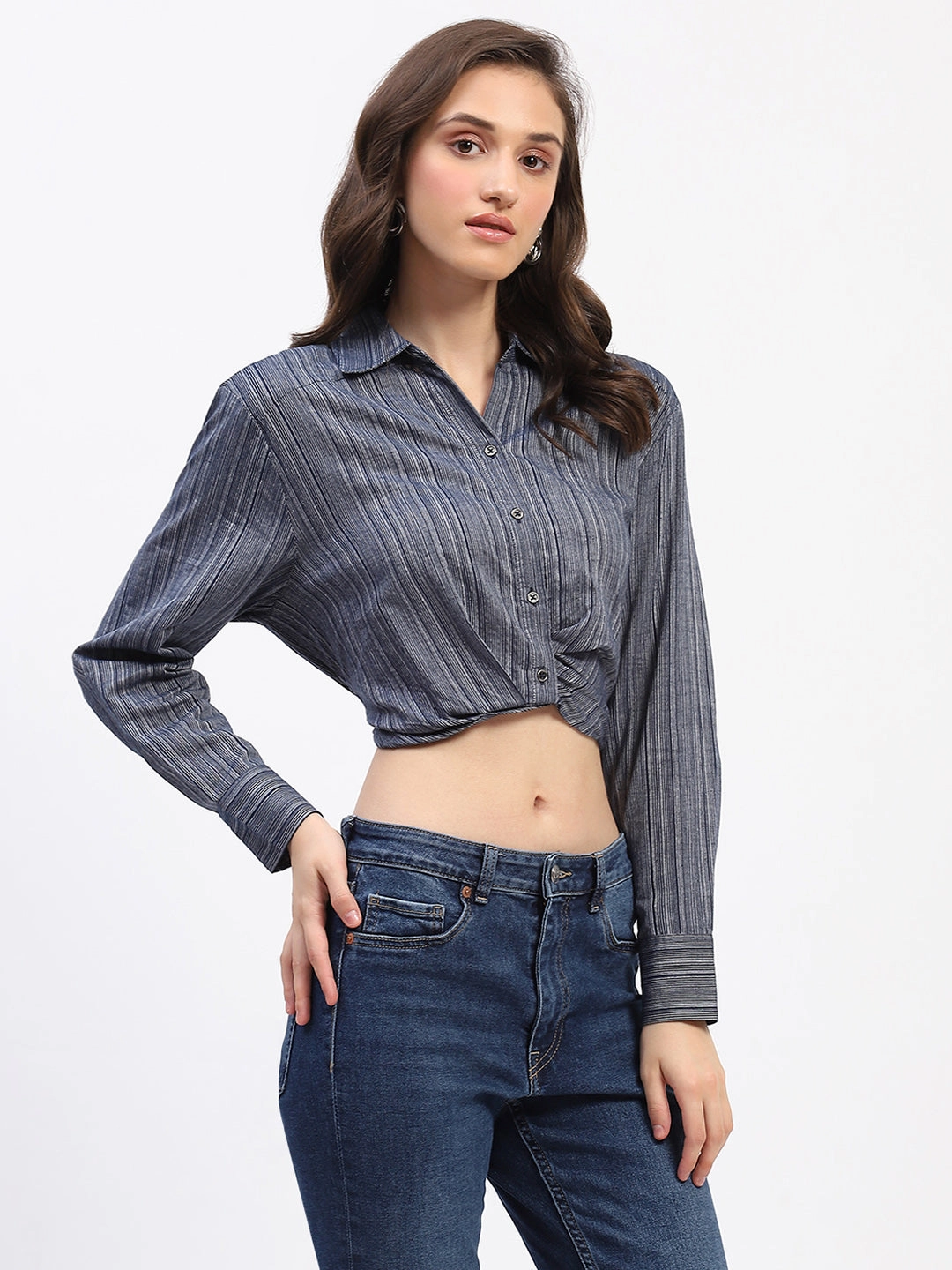Hypoallergenic Lining Athleisure Wear Madame Striped Overlap Detailing Collared Mauve Shirt
