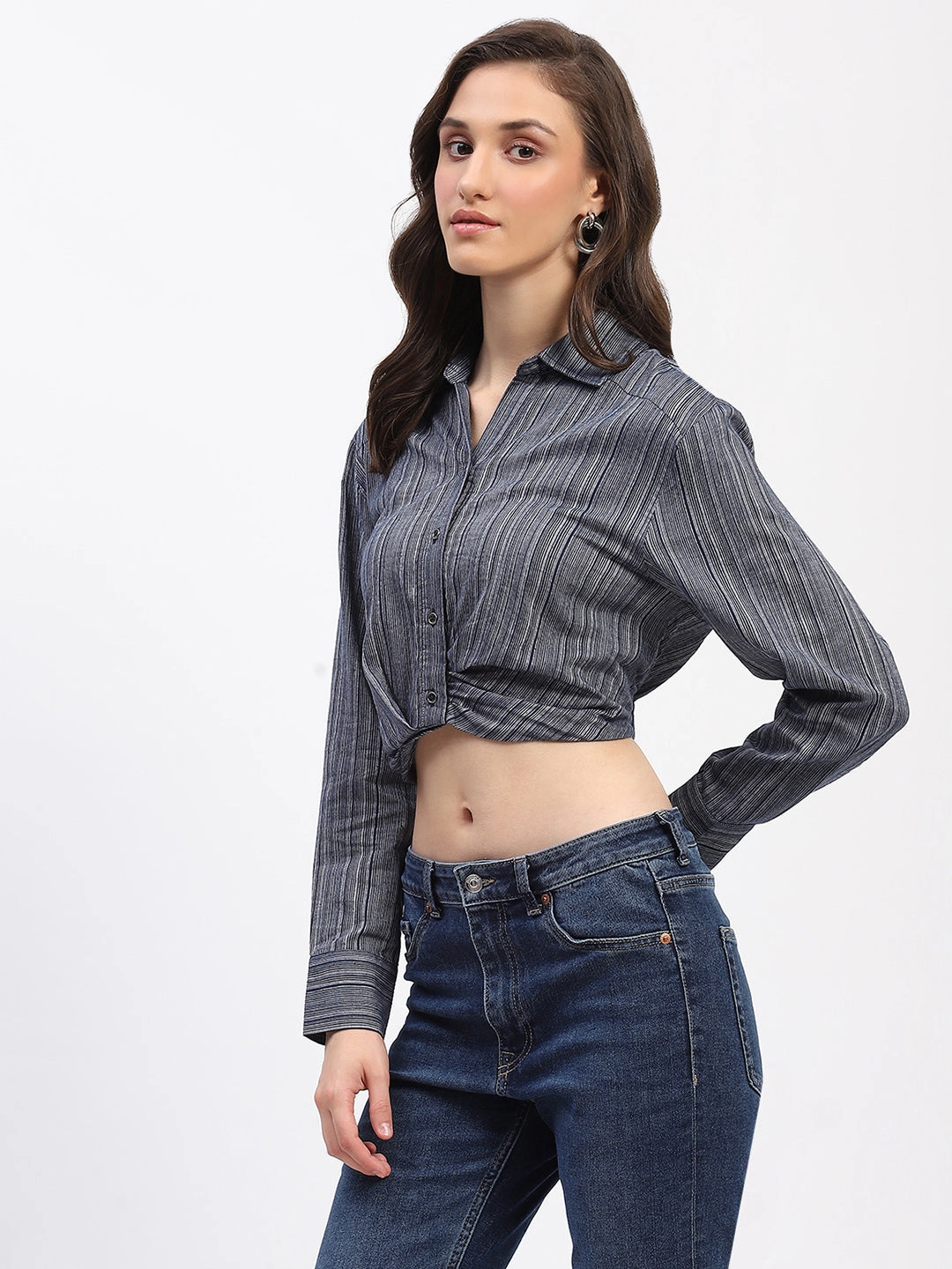 Tall Option Checkered Look Madame Striped Overlap Detailing Collared Mauve Shirt