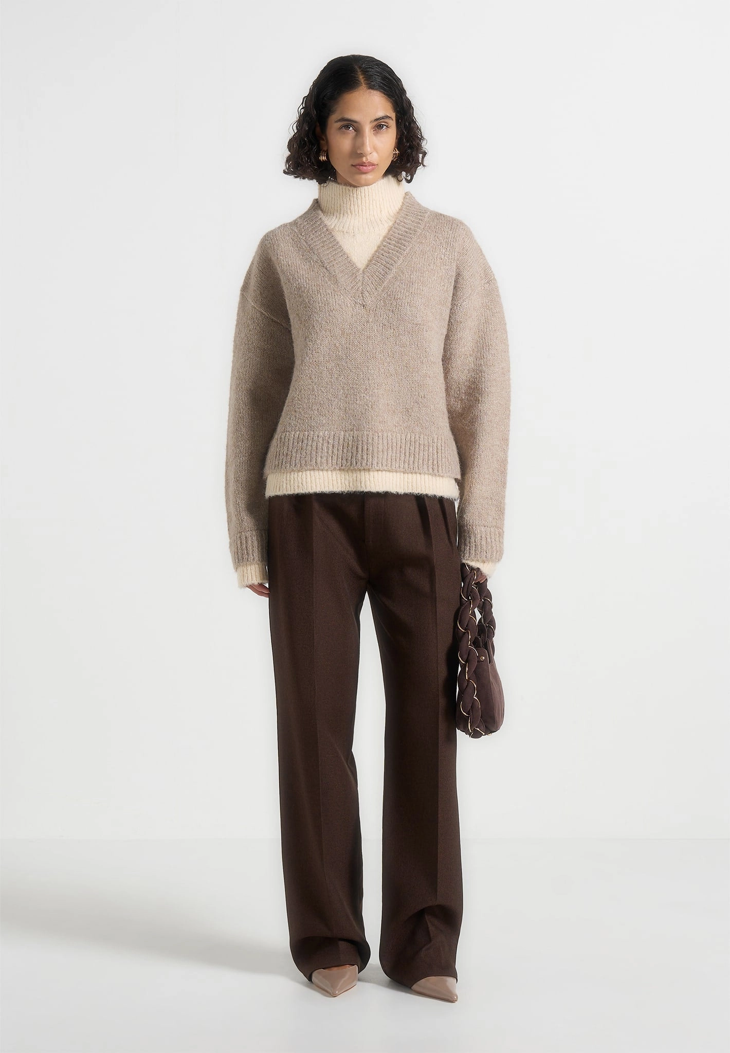 FadeResistant Yarn Urban Classic Jacques - Unisex Double Layer V-Neck Knit Jumper - Beige/Cream