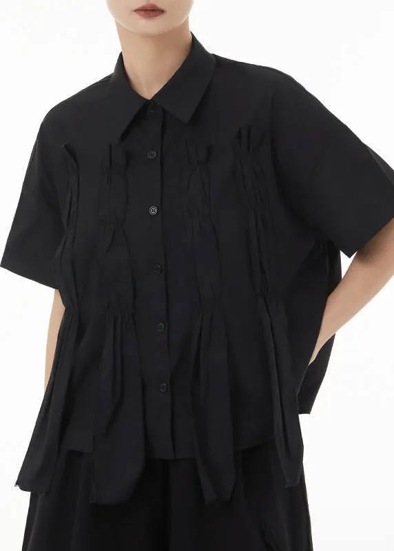 New Black Asymmetrical Wrinkled Patchwork Cotton Shirts Summer LY9287