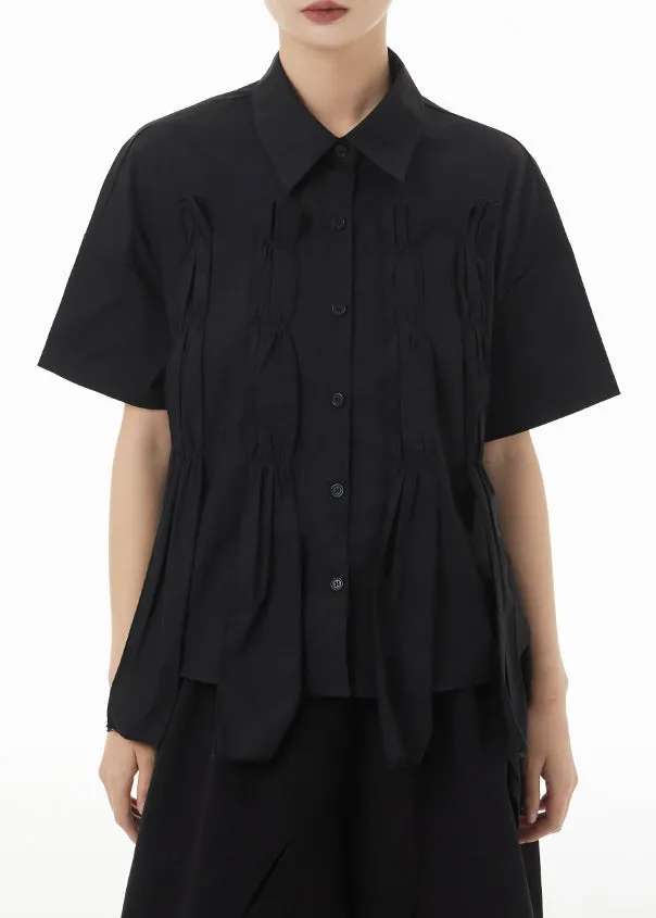 New Black Asymmetrical Wrinkled Patchwork Cotton Shirts Summer LY9287