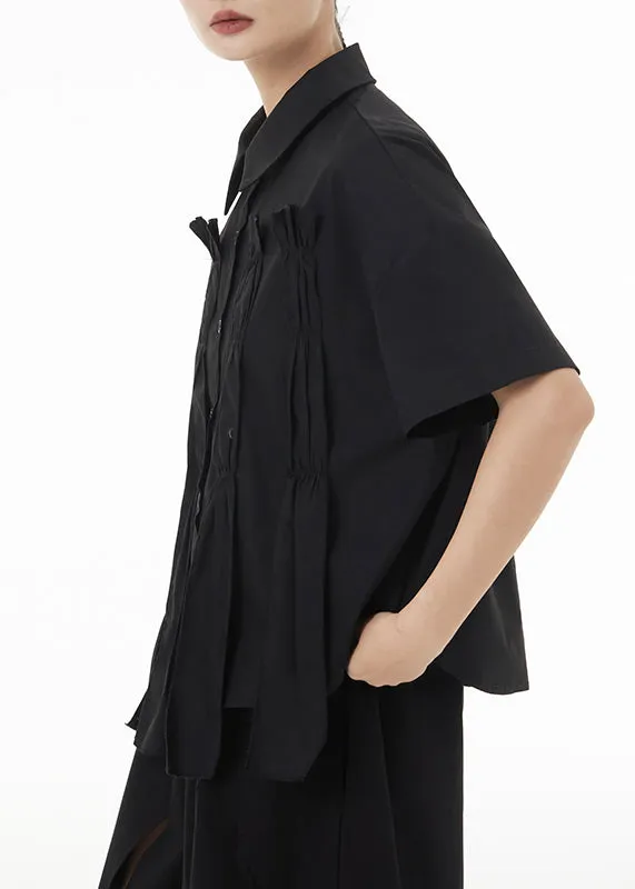New Black Asymmetrical Wrinkled Patchwork Cotton Shirts Summer LY9287