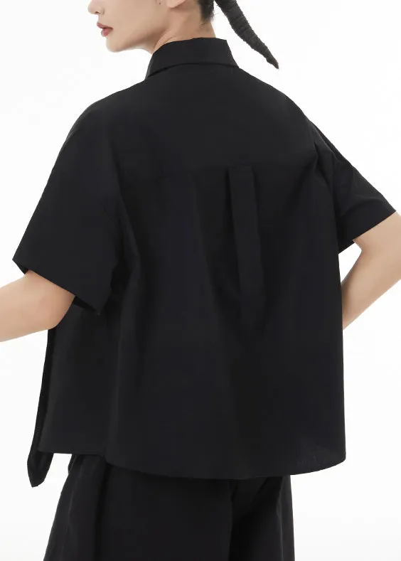 New Black Asymmetrical Wrinkled Patchwork Cotton Shirts Summer LY9287