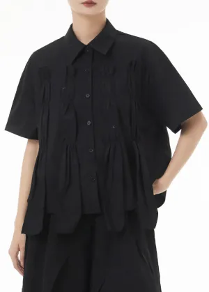 New Black Asymmetrical Wrinkled Patchwork Cotton Shirts Summer LY9287