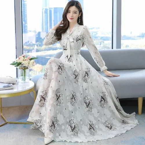 New Vintage Floral Chiffon Long Dress