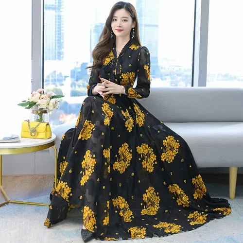 New Vintage Floral Chiffon Long Dress