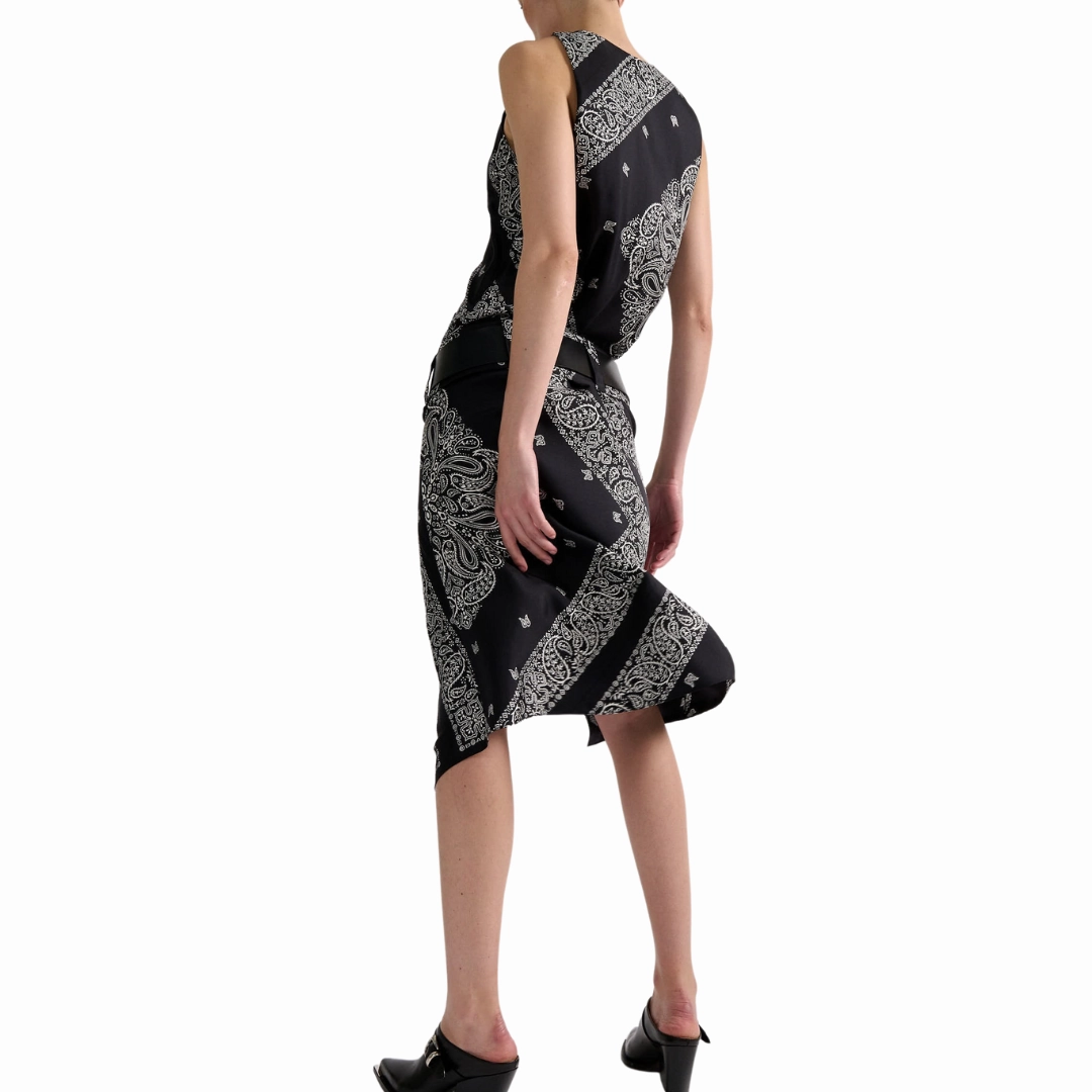 Puff-Sleeve Tailored Cut Bandana Print Midi Dress