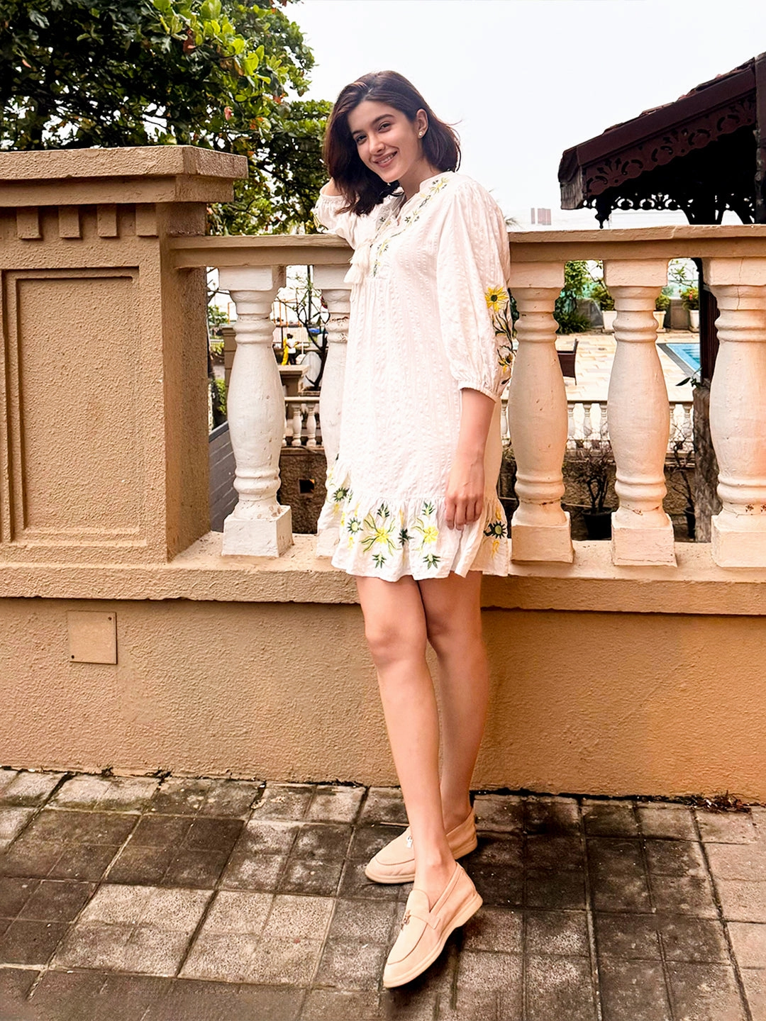 Chic and Cozy Madame Shanaya Kapoor Floral Embroidered Fit and Flare White Mini Dress
