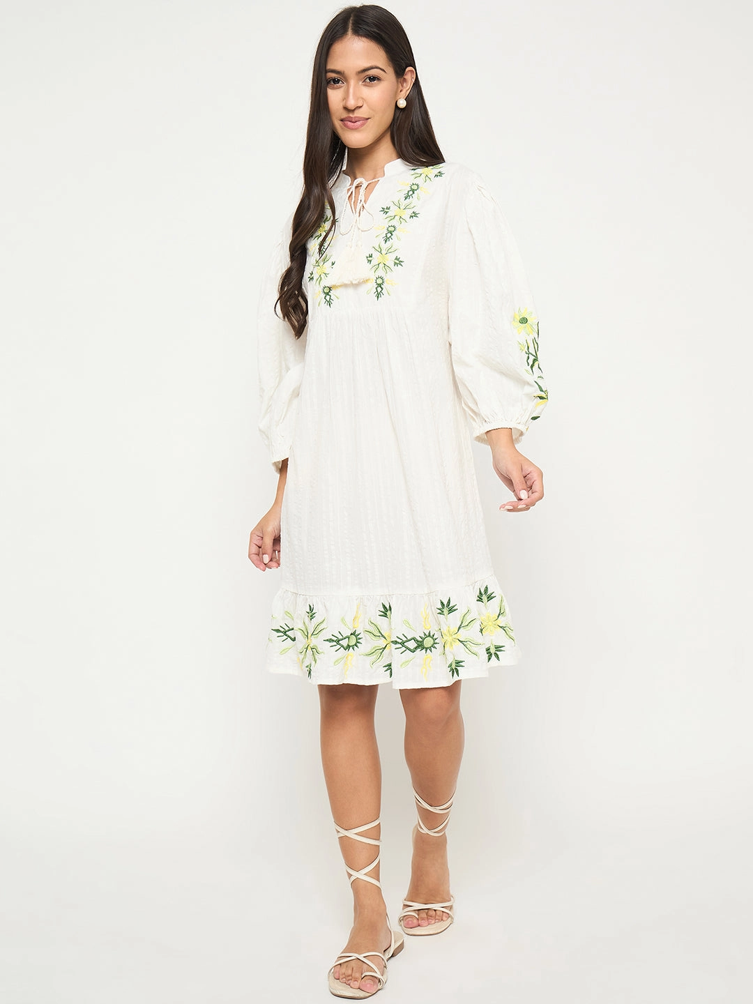Modest Light Dance Night Madame Shanaya Kapoor Floral Embroidered Fit and Flare White Mini Dress