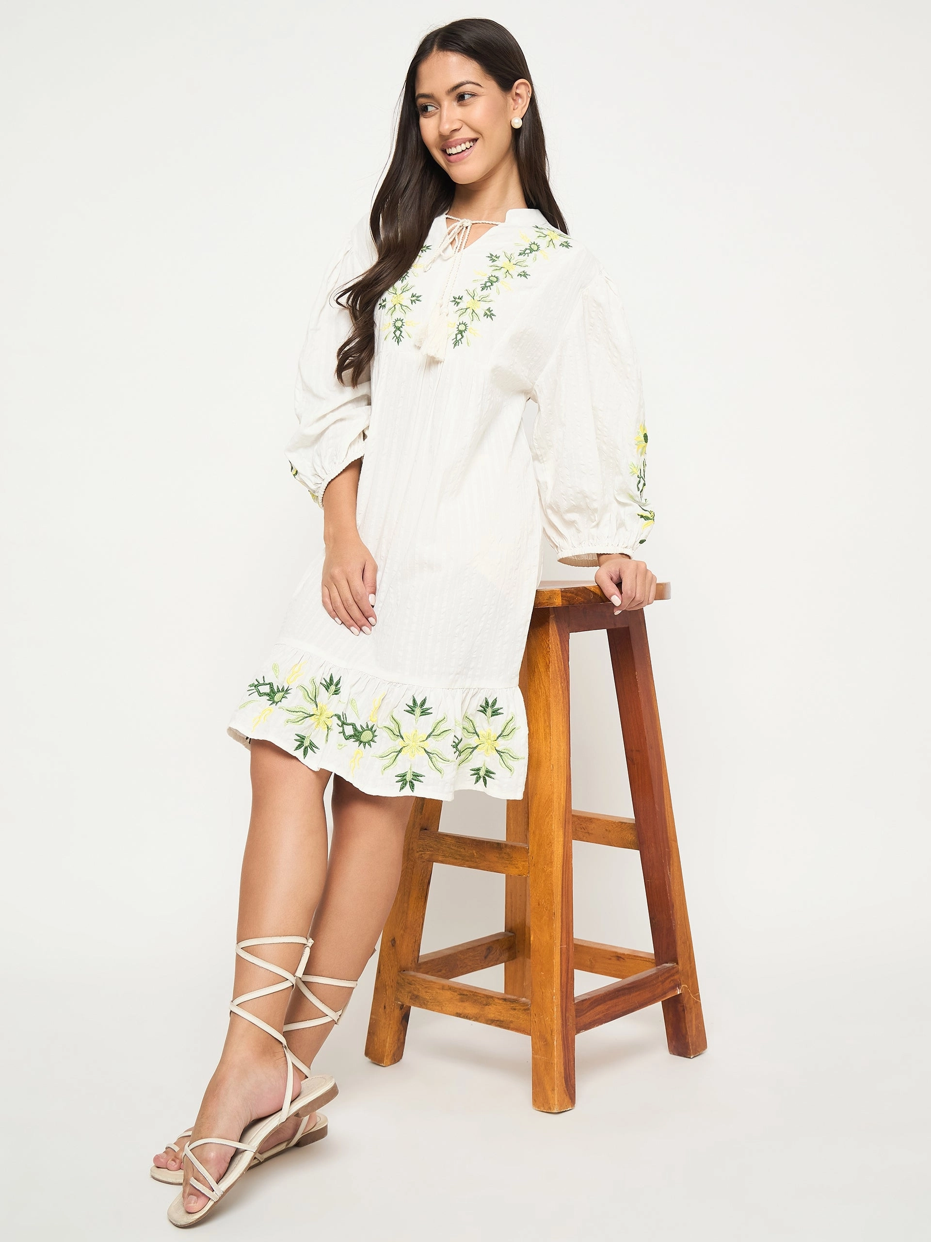 Feminine full-length gown Polished Appearance Madame Shanaya Kapoor Floral Embroidered Fit and Flare White Mini Dress