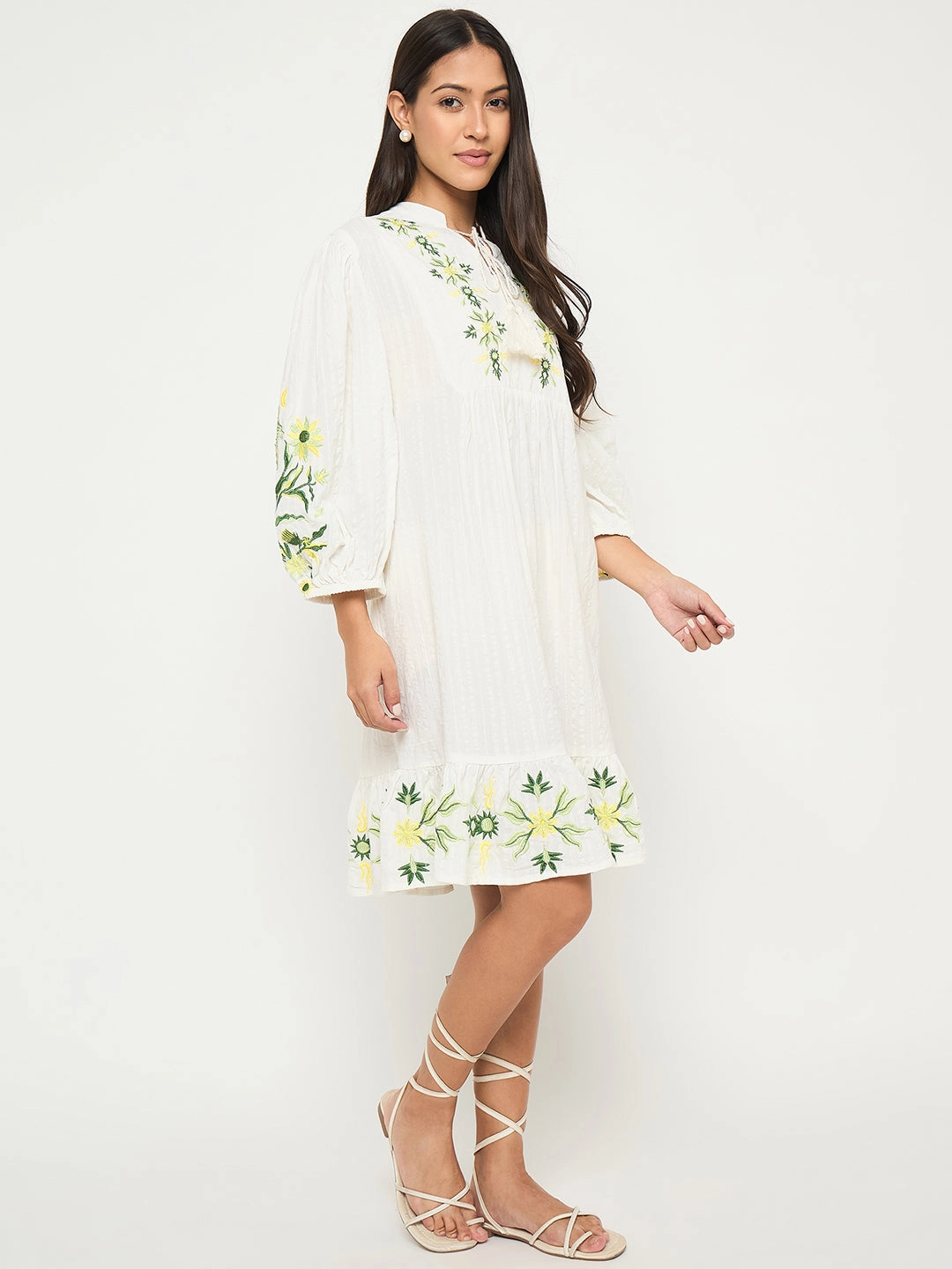 Winter Wrap boho vibe Madame Shanaya Kapoor Floral Embroidered Fit and Flare White Mini Dress