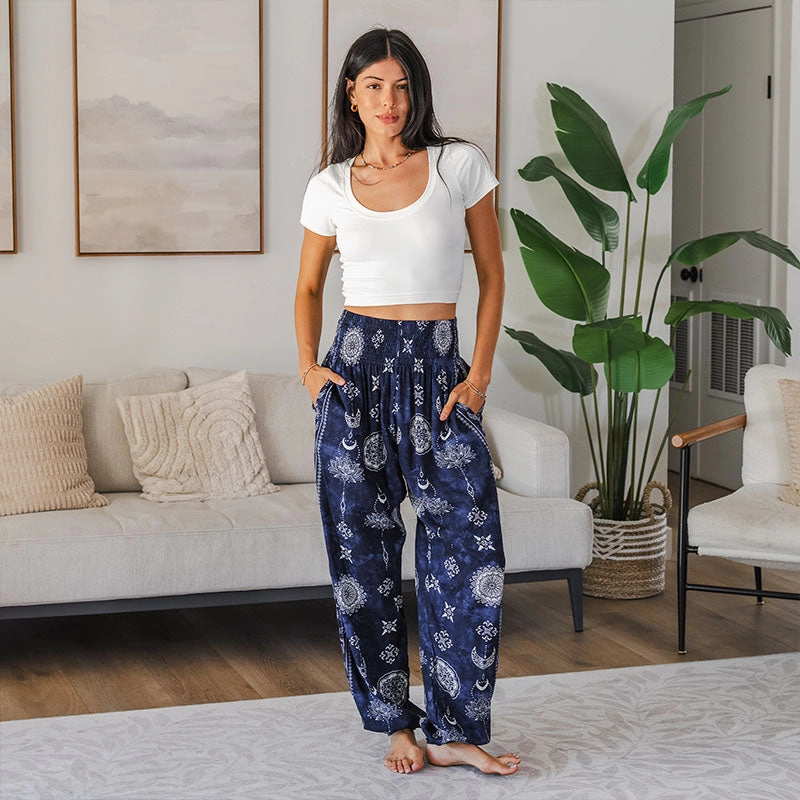 Non Binding Cuffs AdjustableTabs Nightfall Blue Lotus Moon Harem Pants