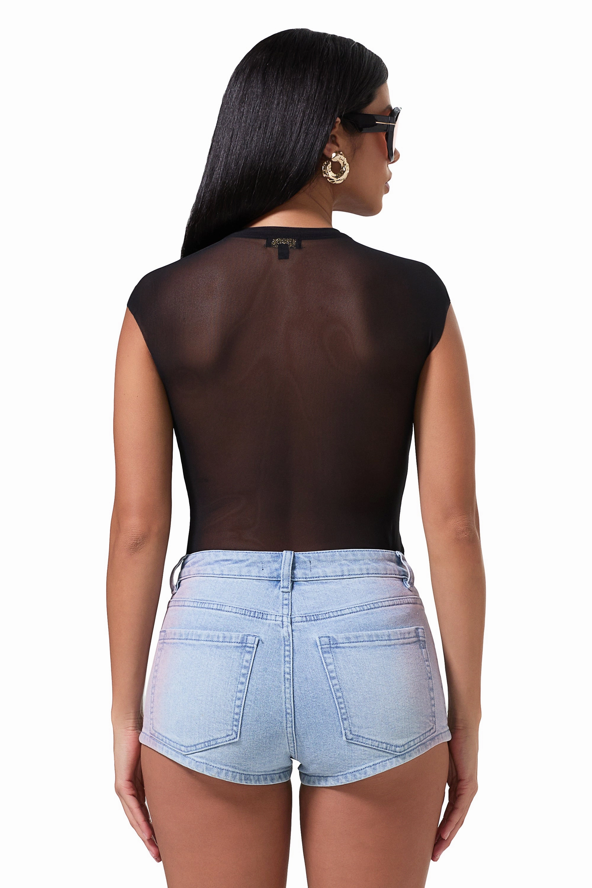 Nina Mesh Top - Noir Ribbed Hem