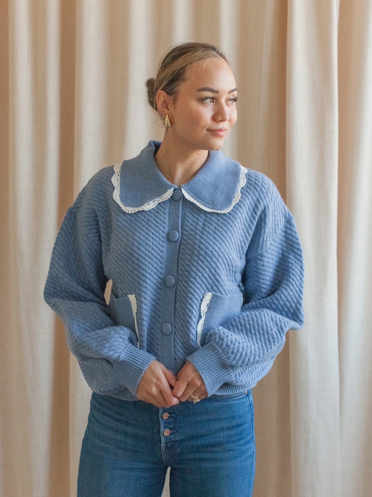 Nina Ribbed Cardigan - Sky Reflective Yarn Accent