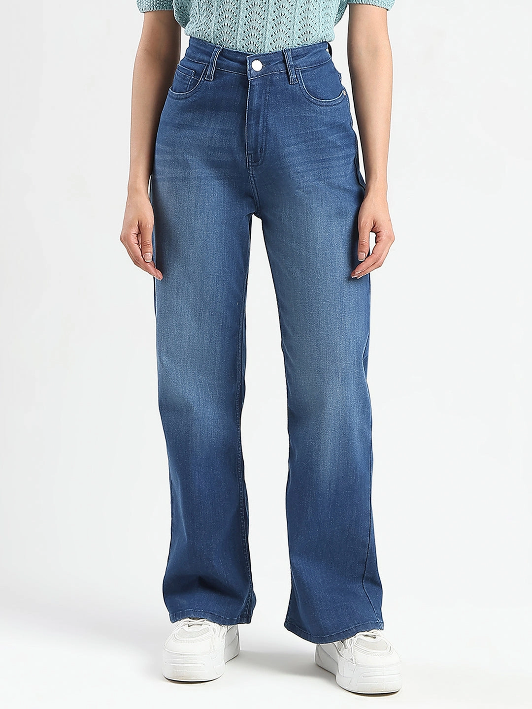 Spring Attire Daily Wear Nature Lover Madame Stone Wash Wide Leg Dark Blue Jeans