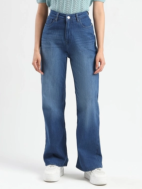 Spring Attire Daily Wear Nature Lover Madame Stone Wash Wide Leg Dark Blue Jeans