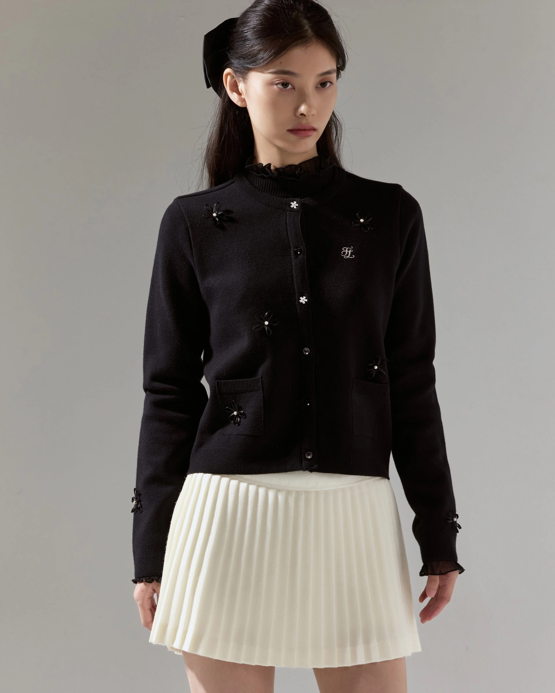 ContouredShoulderFit Transitional Daily Fit Leather flower trimmed cardigan - Black