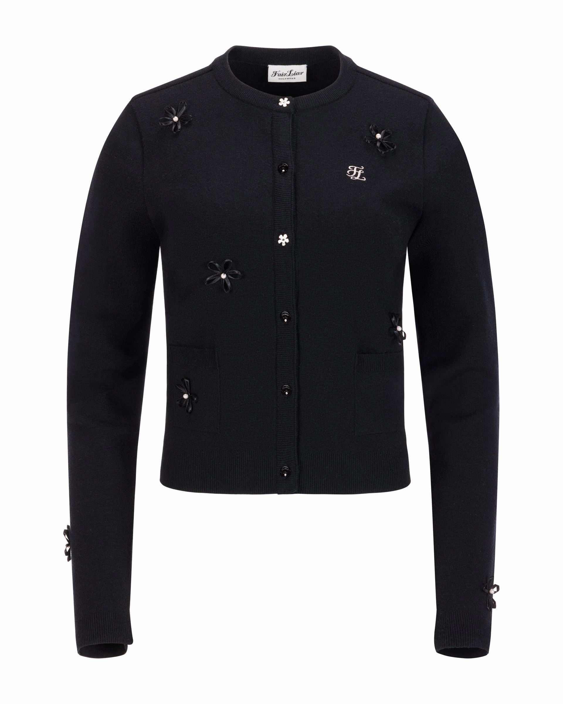 LayeredPanel Leather flower trimmed cardigan - Black