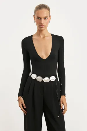 Reinforced Stress Points Longsleeve V Neck Plunge Bodysuit - Black