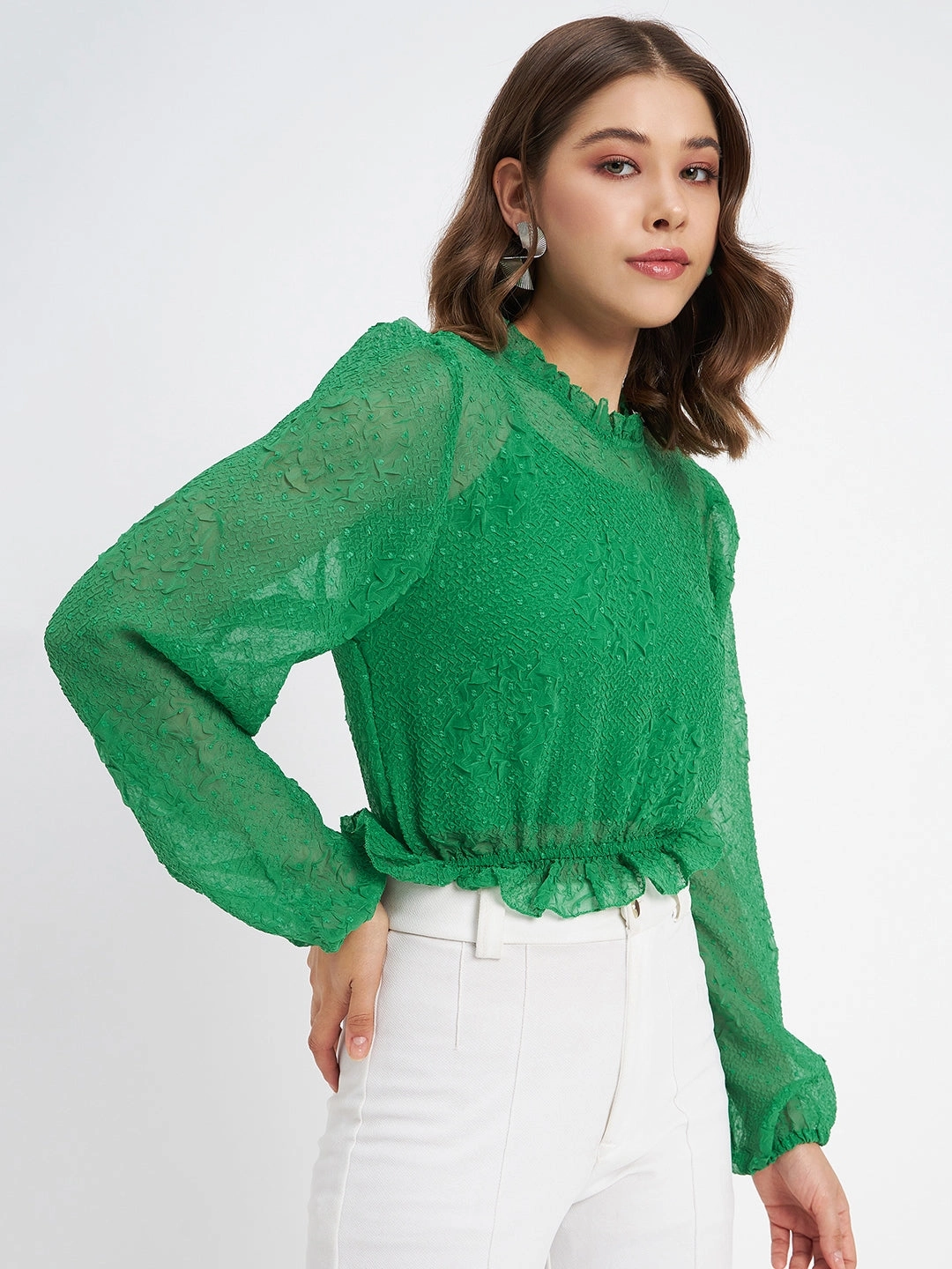 Madame Textured Swiss Dot Detail Green Peplum Top WrinkleResistantFinish
