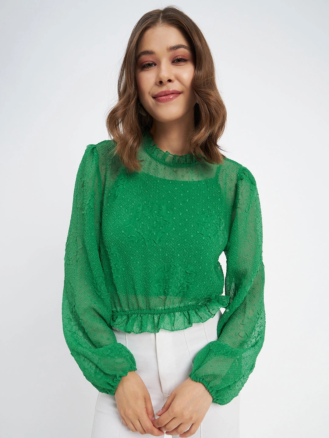 AntiStaticInnerLining Breathable Material Madame Textured Swiss Dot Detail Green Peplum Top
