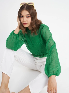 ReflectiveDetails SnagResistant Madame Textured Swiss Dot Detail Green Peplum Top