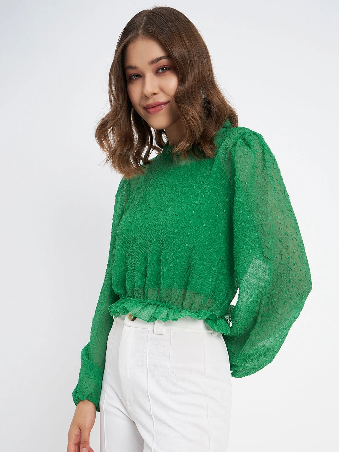 Madame Textured Swiss Dot Detail Green Peplum Top Soft Blended Fabric Quick Release Fastener