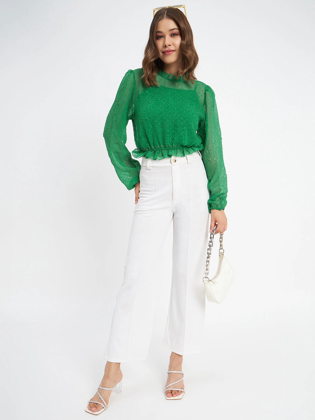 Madame Textured Swiss Dot Detail Green Peplum Top Breathable Material AntiPill Surface