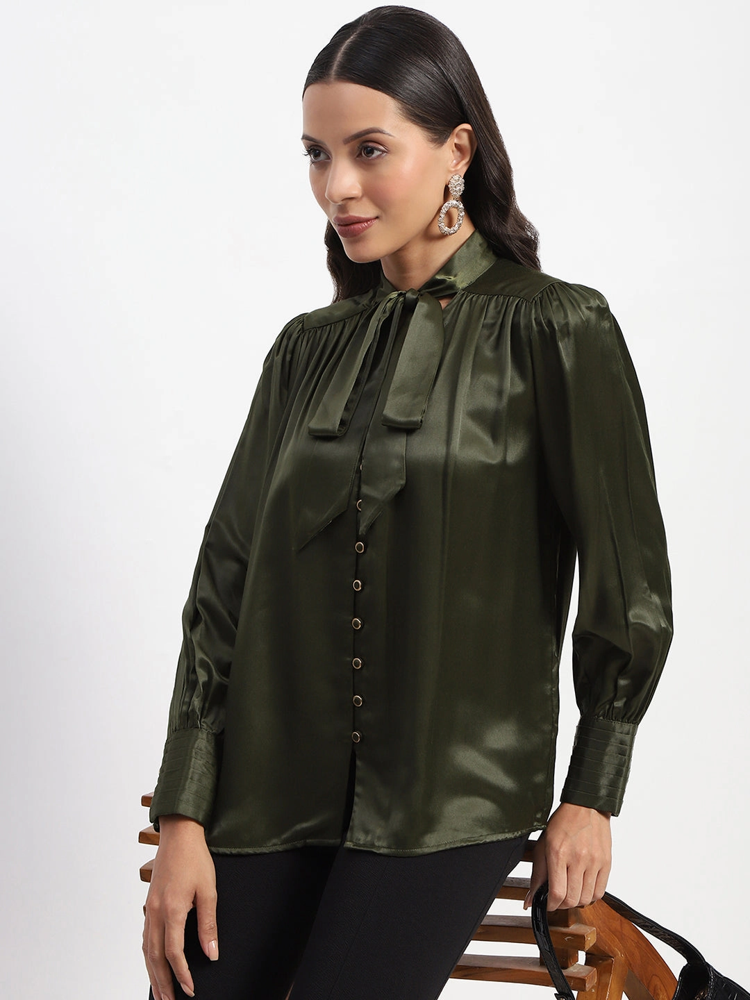Madame Tie Up Neck Cuffed Sleeve Olive Top Eco Friendly Fabric