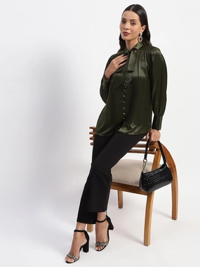 Madame Tie Up Neck Cuffed Sleeve Olive Top LightweightConstruction