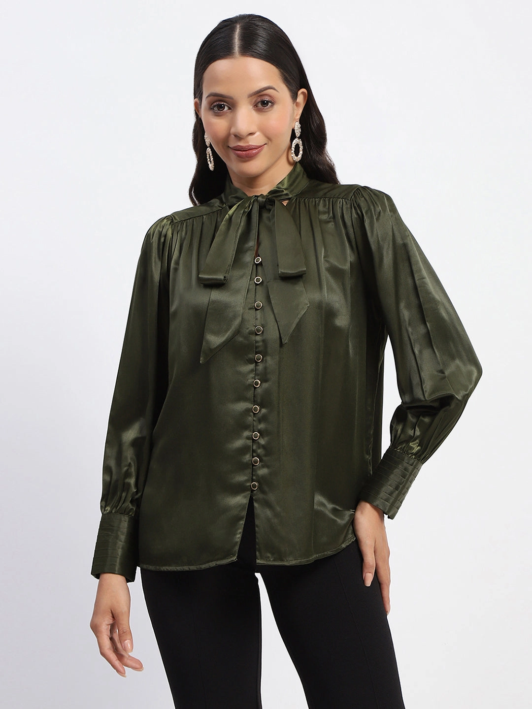 Odor Resistant Material Madame Tie Up Neck Cuffed Sleeve Olive Top