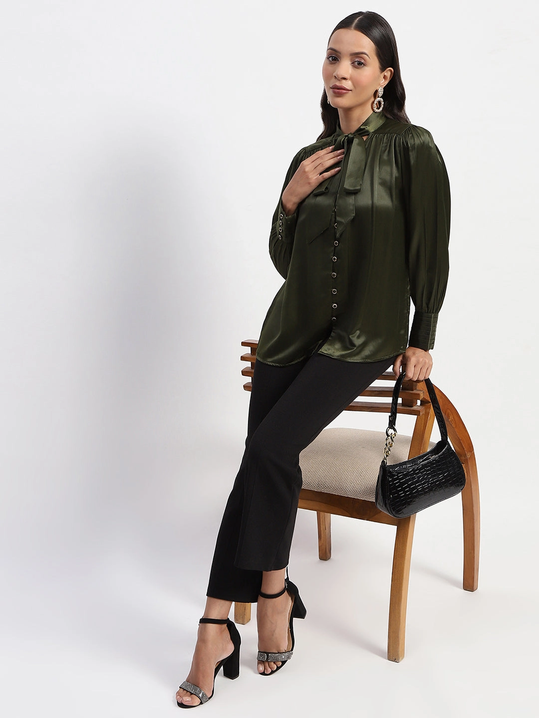 Madame Tie Up Neck Cuffed Sleeve Olive Top LightweightConstruction