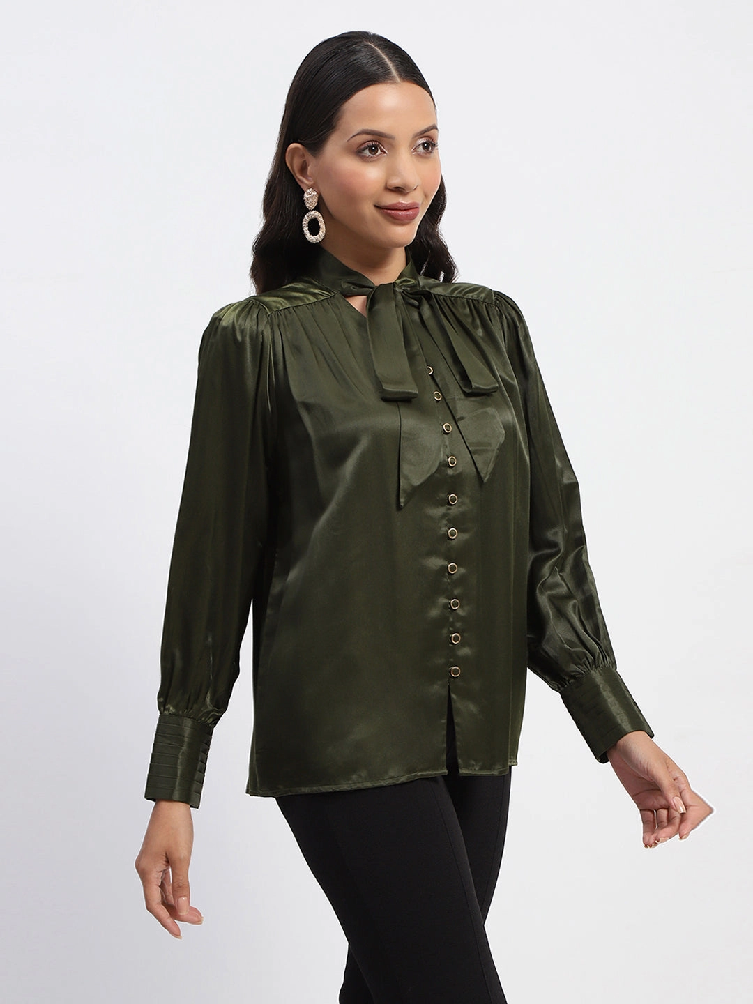 Madame Tie Up Neck Cuffed Sleeve Olive Top Pocket Reinforcement