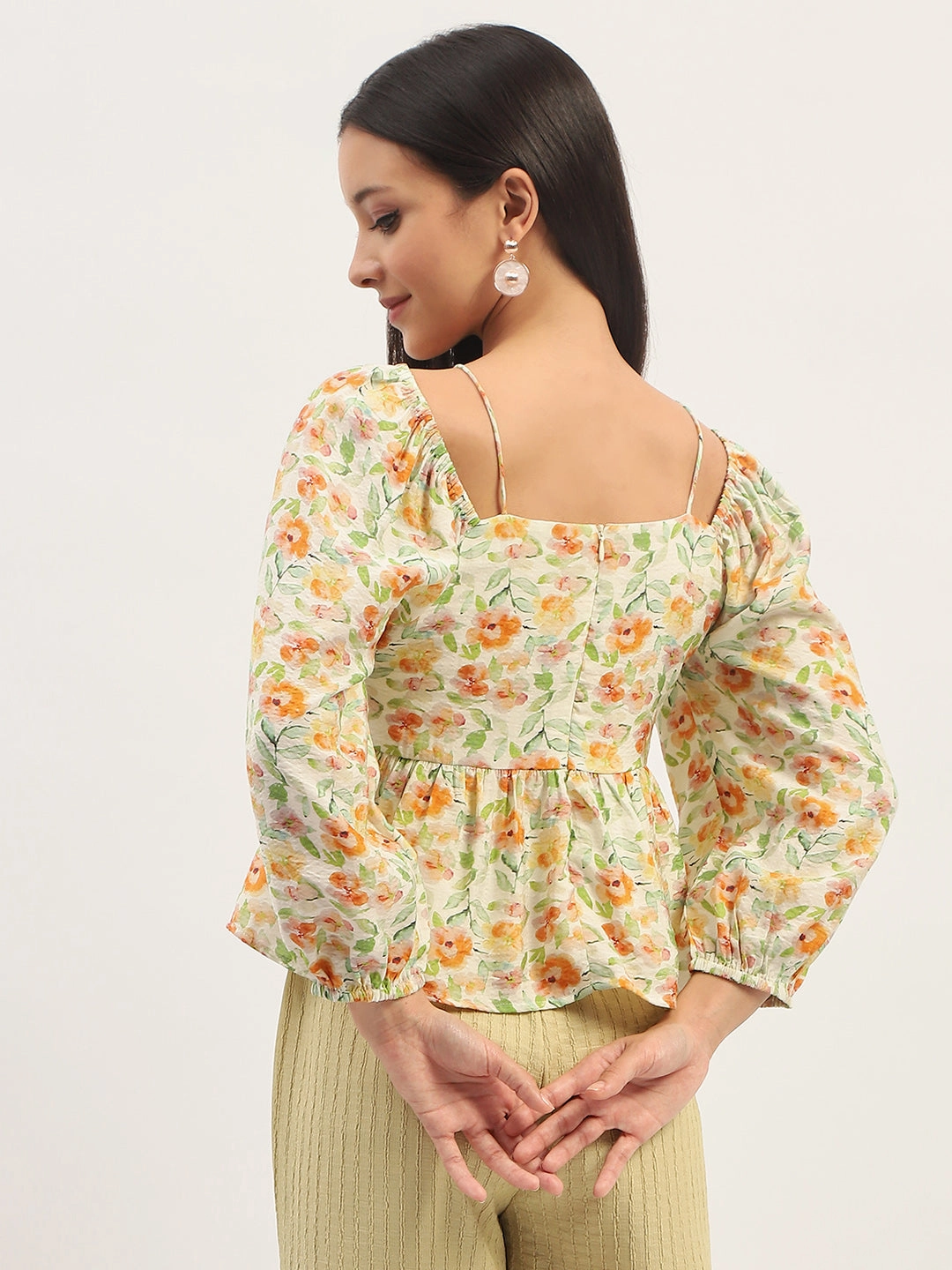 PlacketDetail NoTagLabel Madame Ruched Tie- Front Floral Printed Ivory Top
