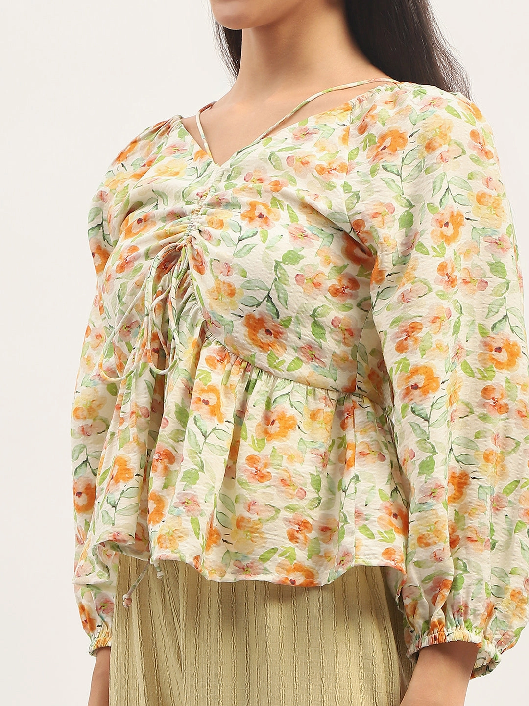 Non Restrictive Mobility Soft Knit Madame Ruched Tie- Front Floral Printed Ivory Top