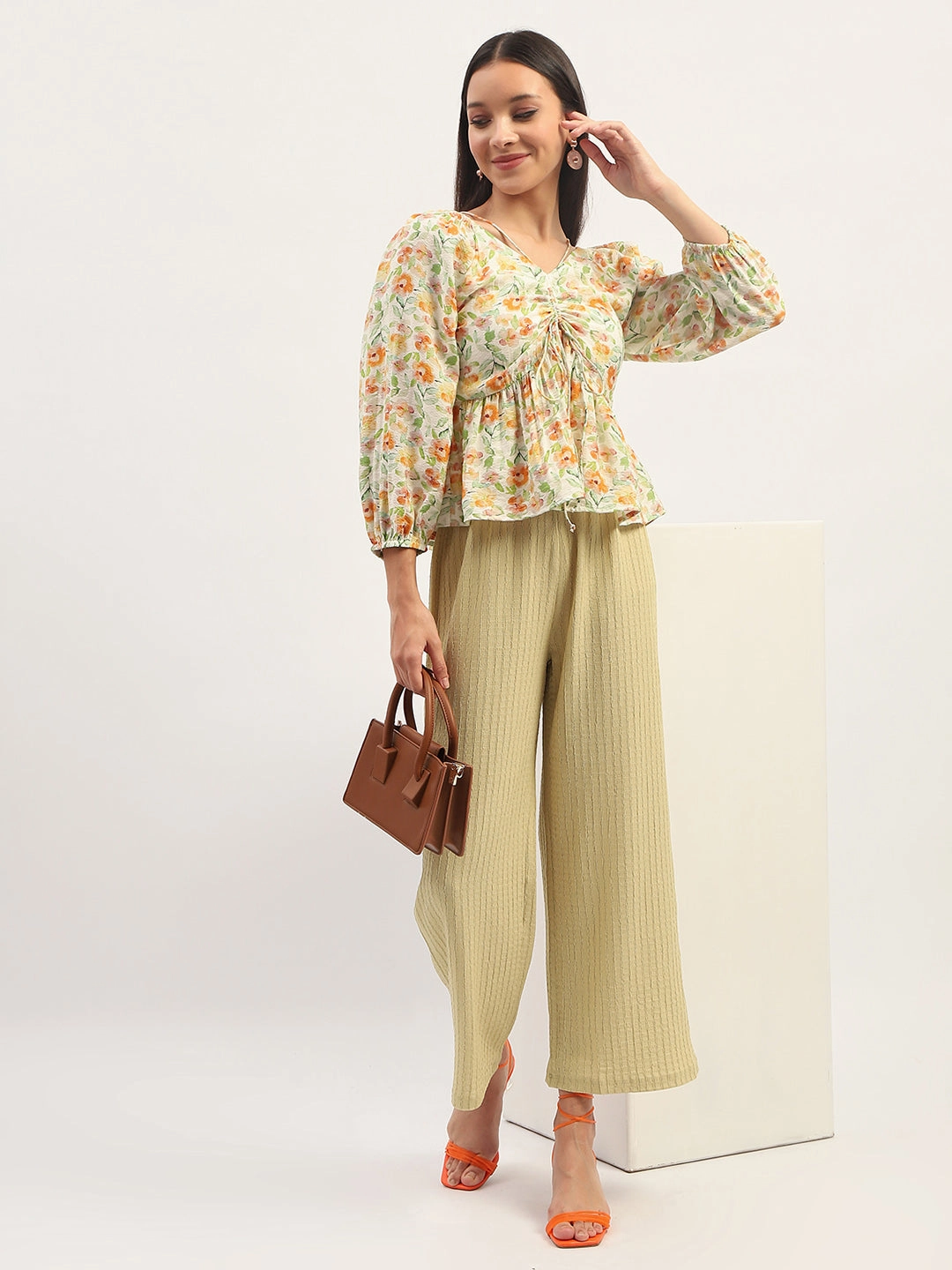 Madame Ruched Tie- Front Floral Printed Ivory Top slim fit stain resistant coating