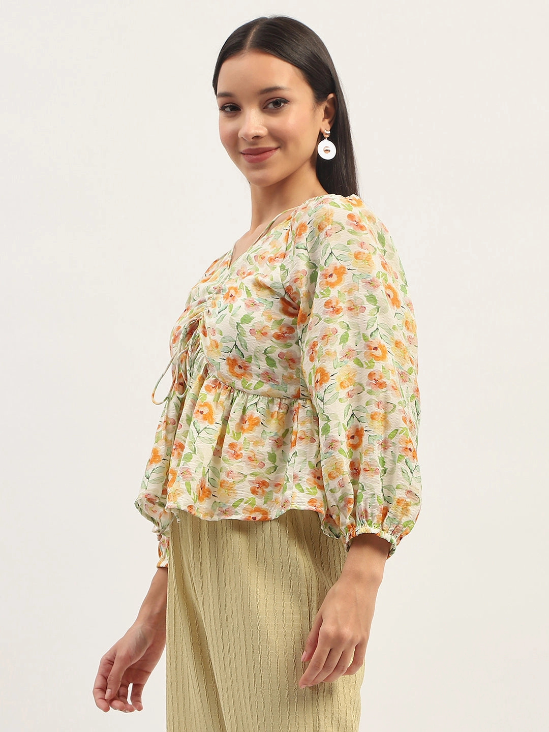 Scoop Neck Shape Madame Ruched Tie- Front Floral Printed Ivory Top