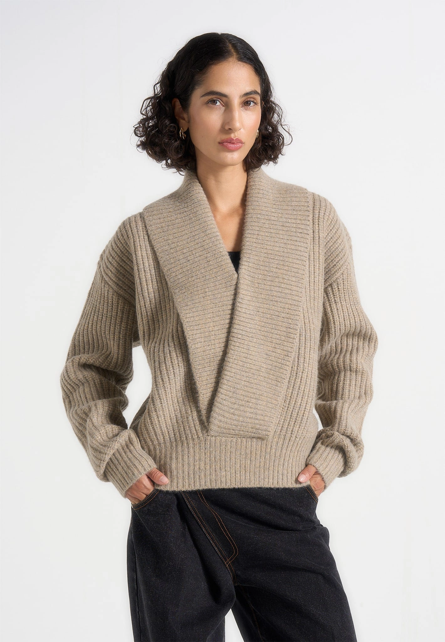 Azra - Plunge Knit Jumper - Taupe Ventilation Panel Lattice Pattern