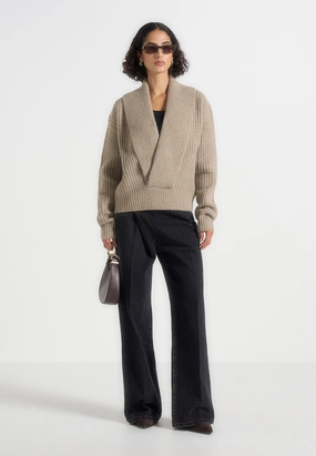 Azra - Plunge Knit Jumper - Taupe Winter Outfit HighElastic Recovery